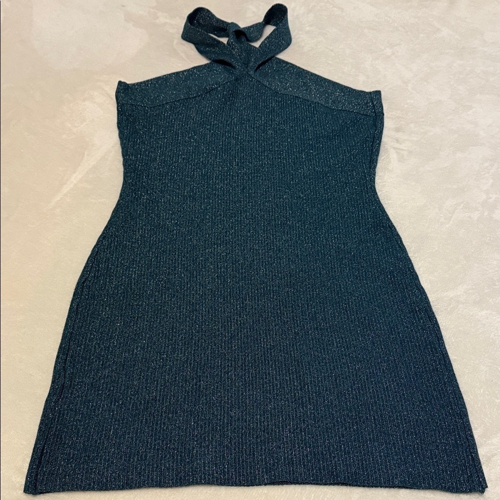 Sincerely Jules Metallic Teal Ribbed Halter Bodycon Mini Dress NWT Medium - Picture 8 of 14